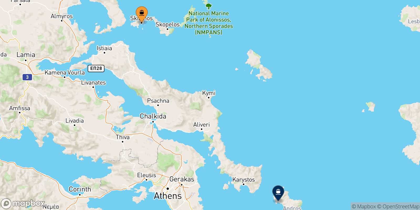 Mapa de la ruta Skiathos Andros