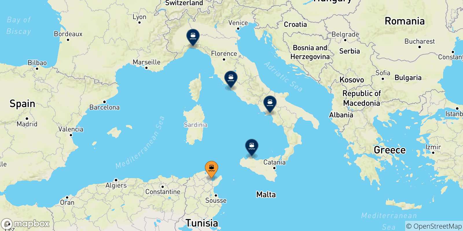 Mapa de las posibles rutas entre Túnez y  Italia