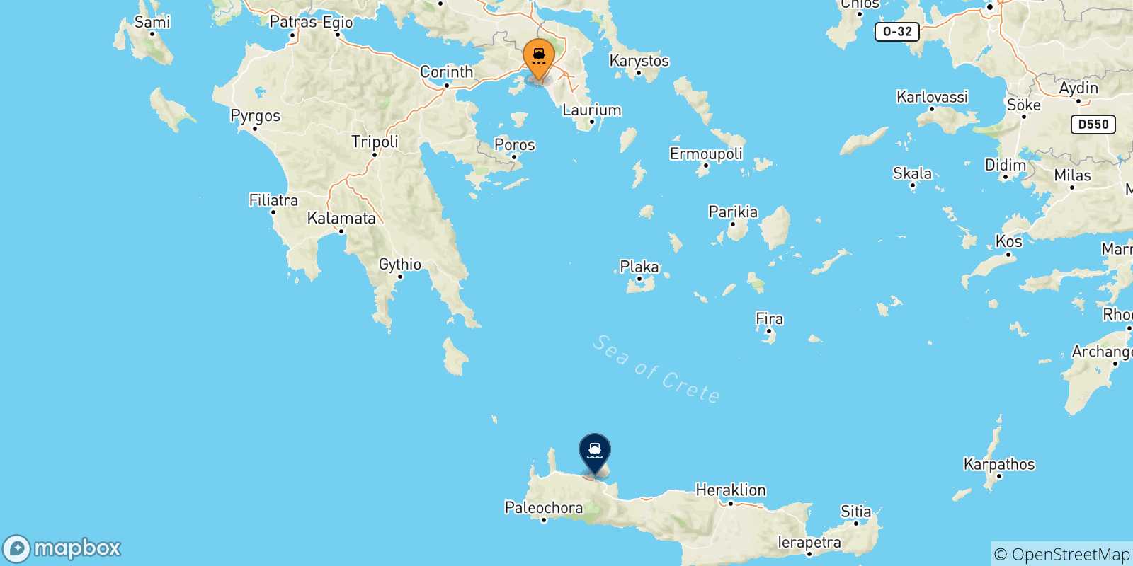 Mapa de las posibles rutas entre Grecia y  Chania