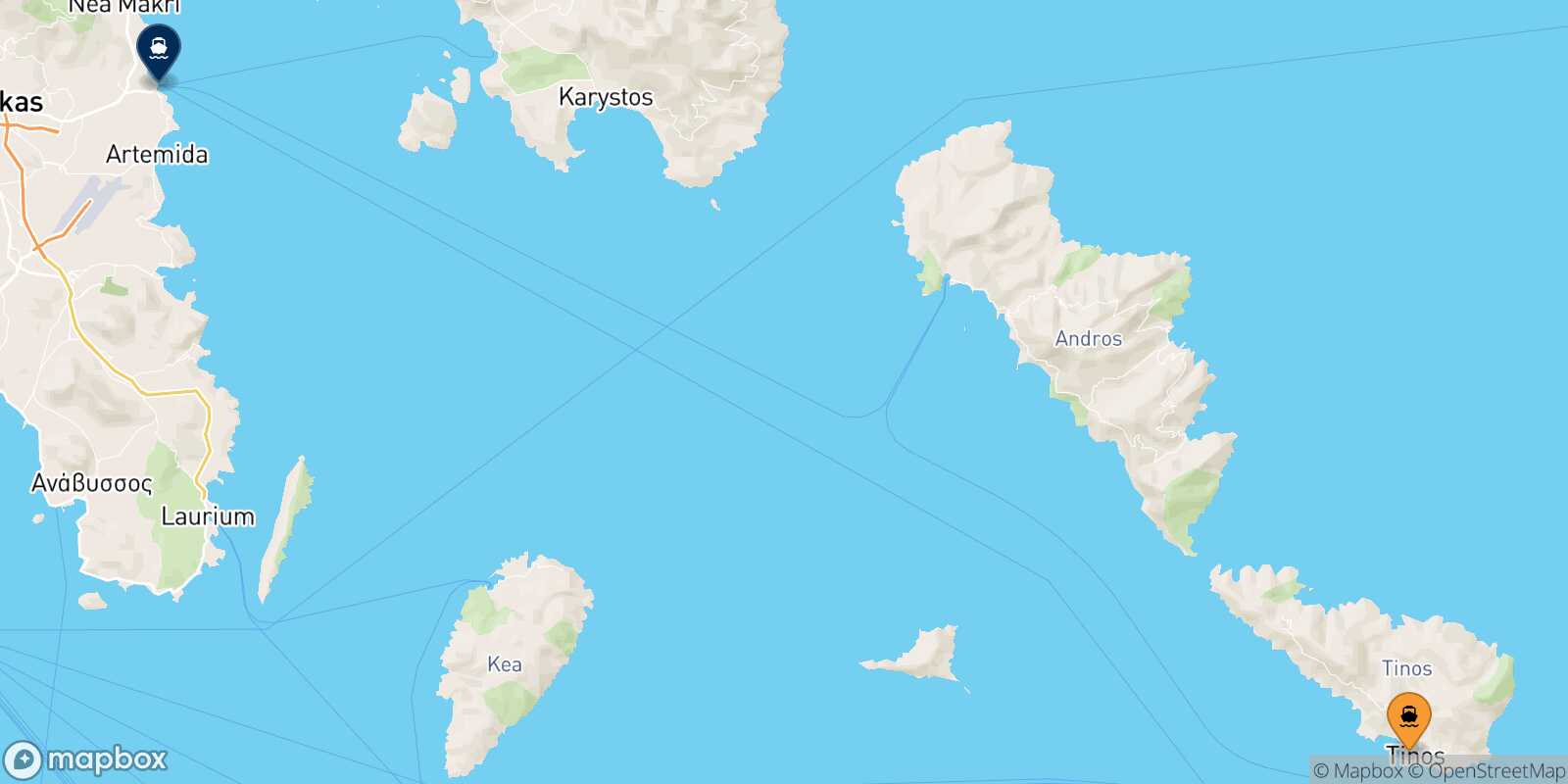 Mapa de la ruta Tinos Rafina