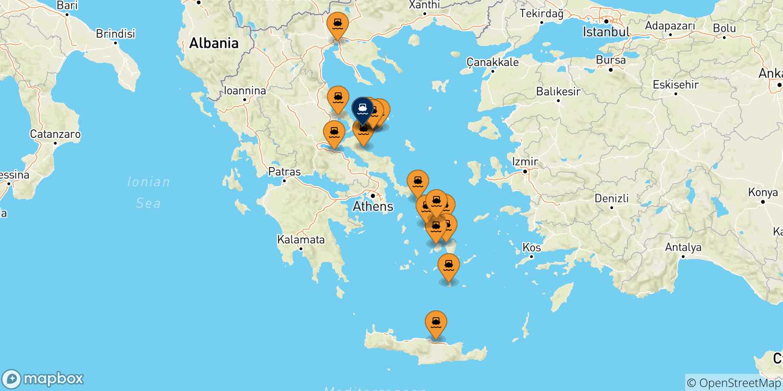 Mapa de las posibles rutas entre Grecia y  Skiathos
