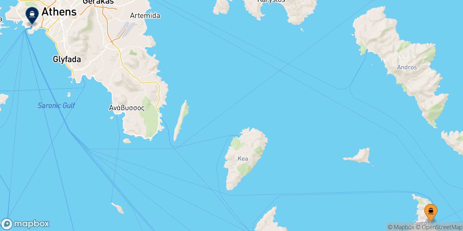 Mapa de la ruta Syros El Pireo
