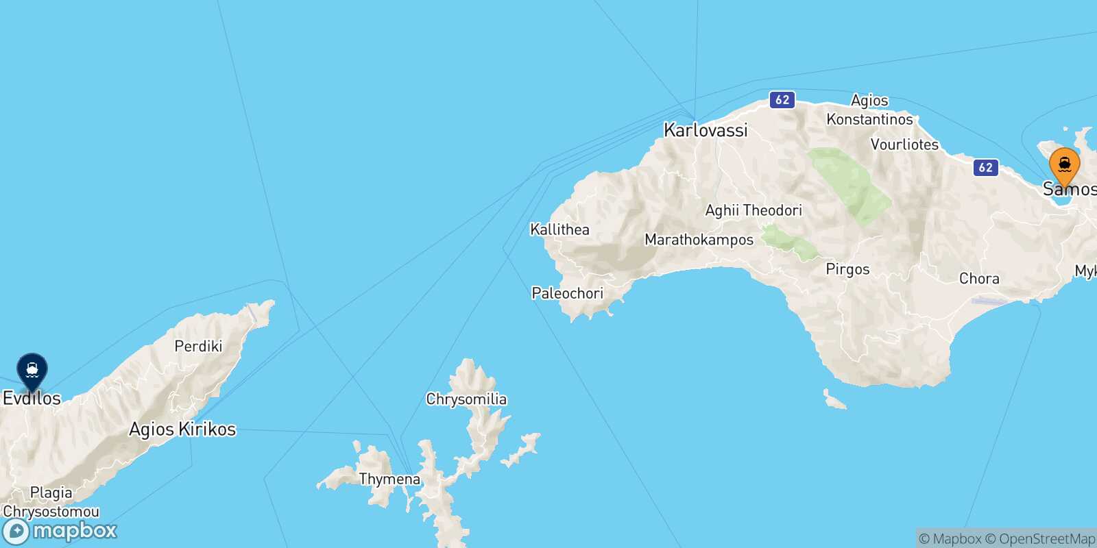 Mapa de la ruta Vathi (Samos) Agios Kirikos (Ikaria)