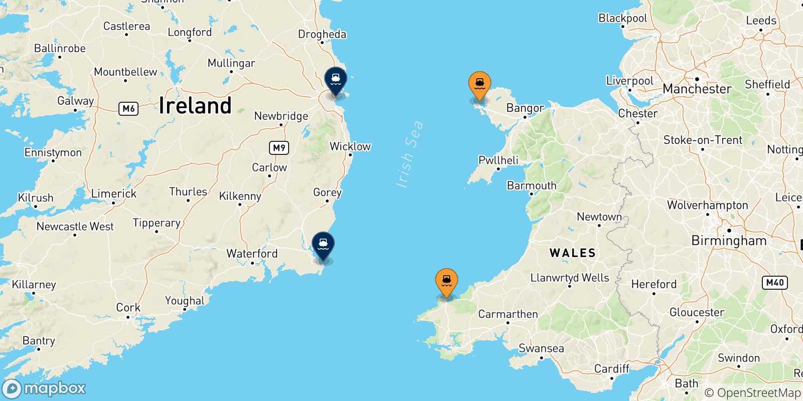 Mapa de las posibles rutas entre Gales y  Irlanda