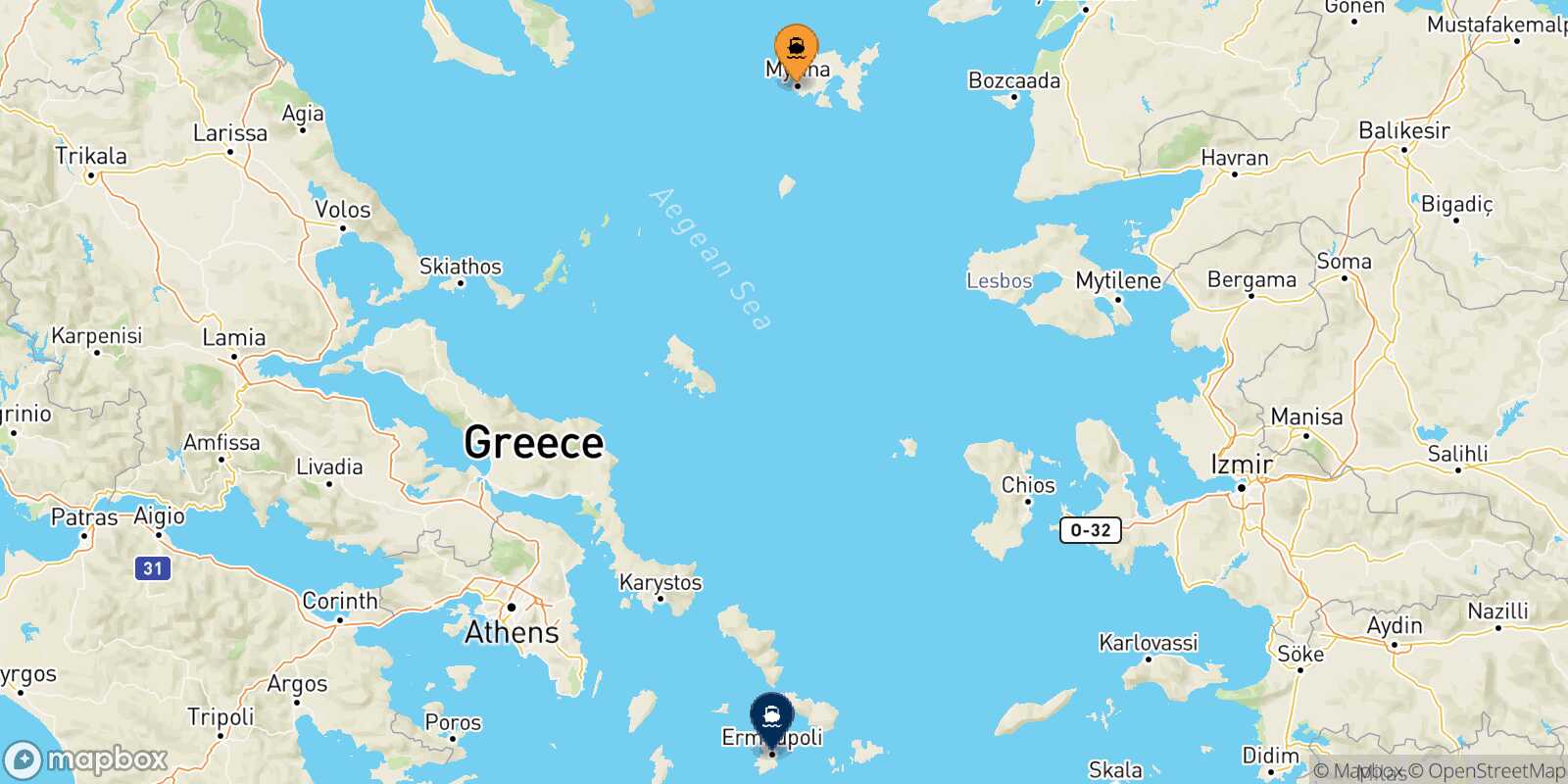 Mapa de la ruta Mirina (Limnos) Syros