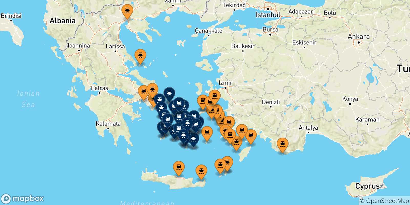 Mapa de los puertos conectados con  Las Cicladas