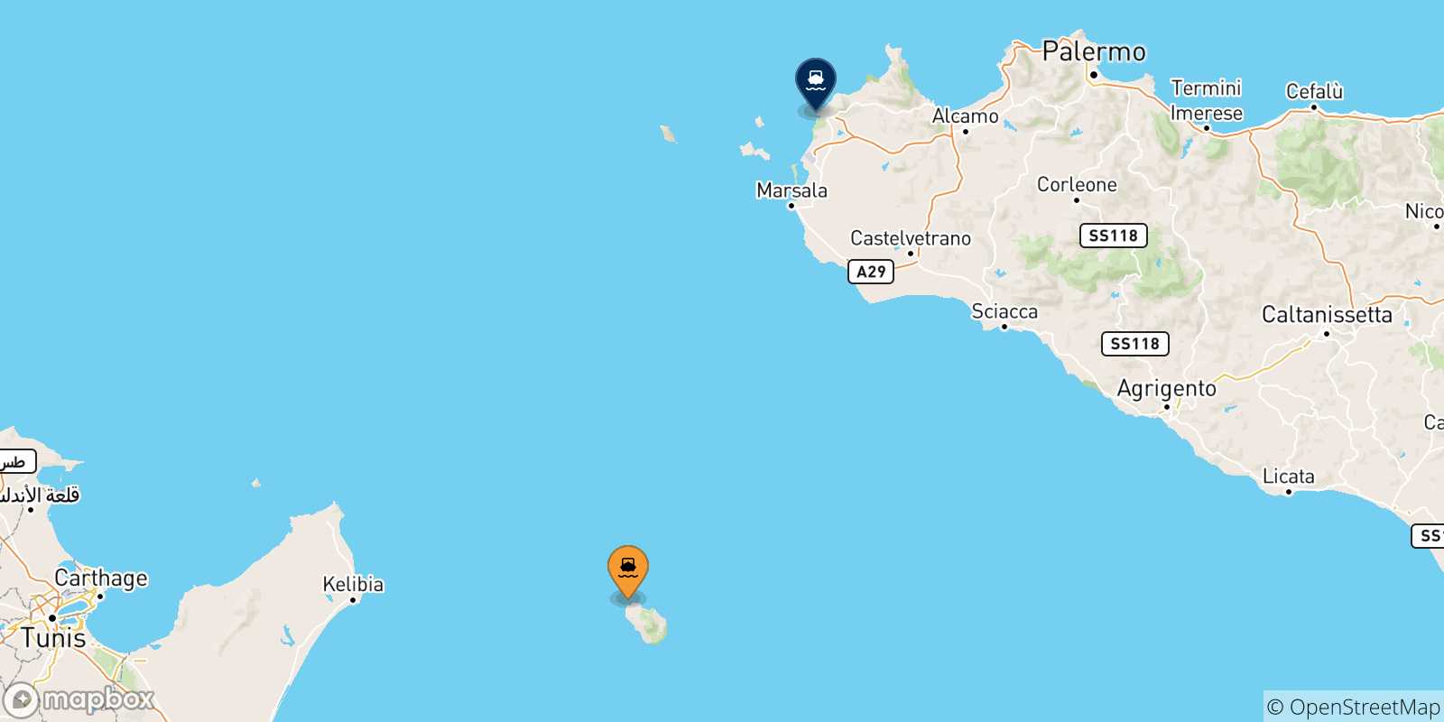 Mapa de los destinos alcanzables de Isla De Pantelaria