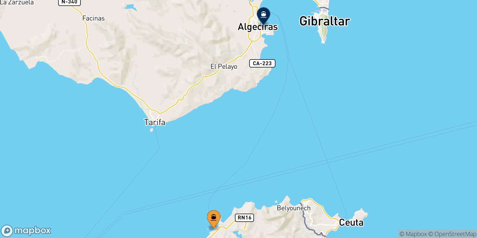 Mapa de la ruta Tánger Med Algeciras
