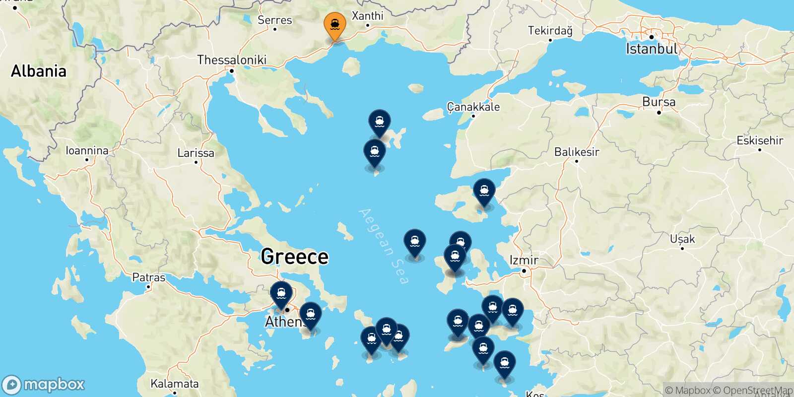 Mapa de los destinos alcanzables de Kavala