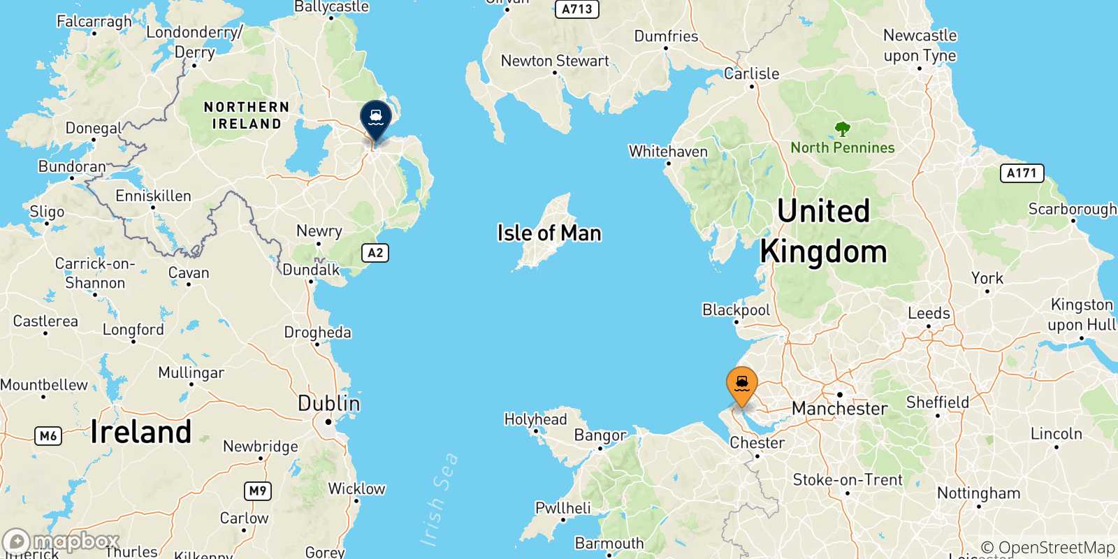 Mapa de las posibles rutas entre Liverpool Birkenhead y  Irlanda Del Norte