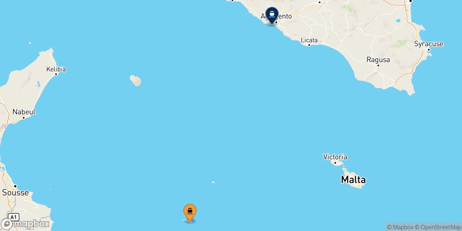 Mapa de la ruta Lampedusa Porto Empedocle