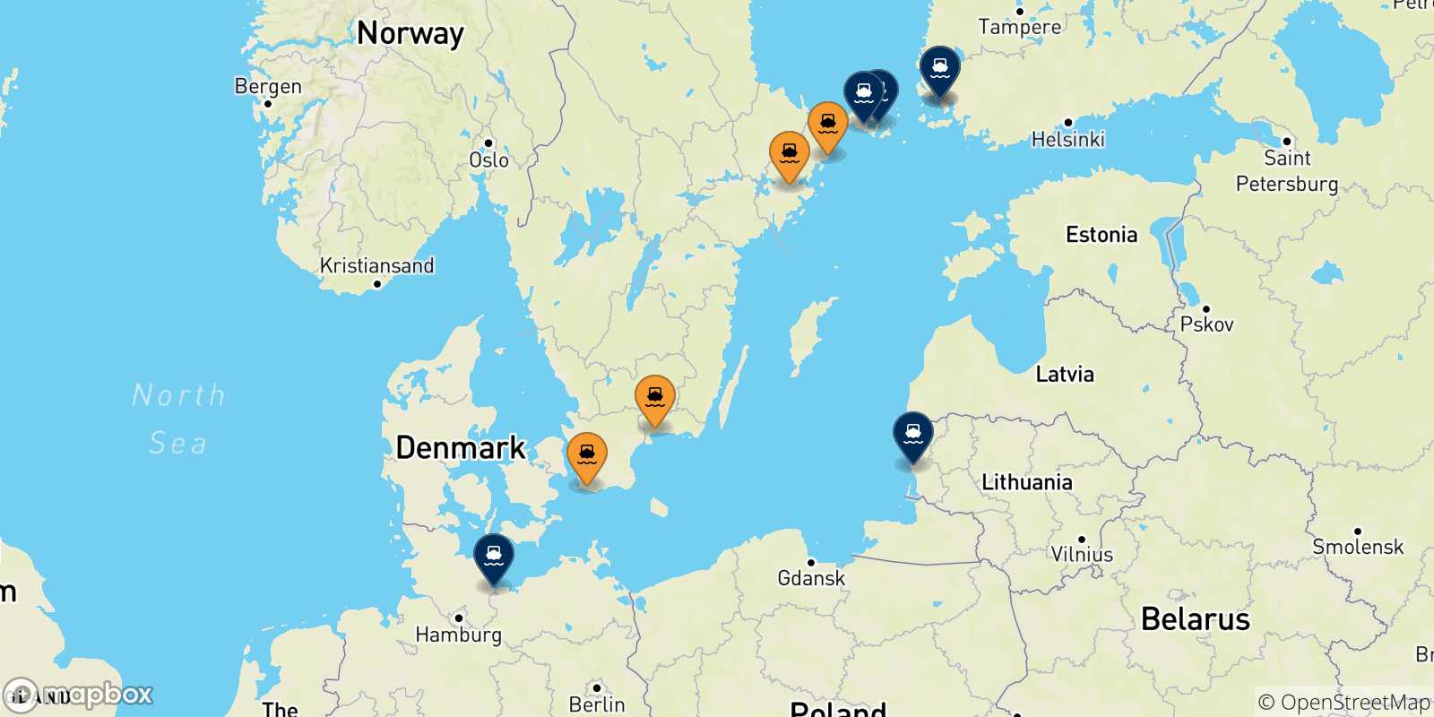 Mapa de los destinos alcanzables de Suecia