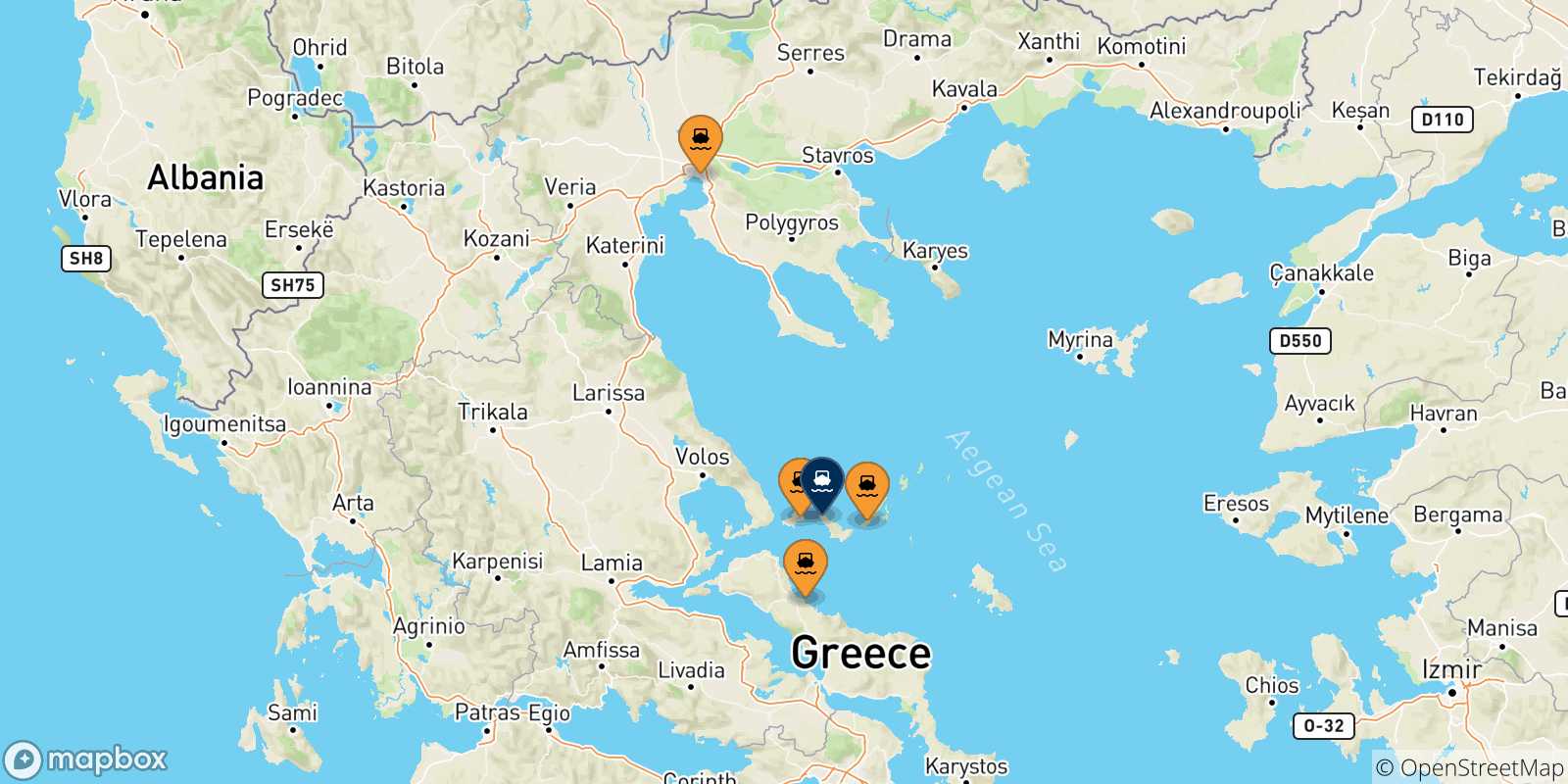 Mapa de las posibles rutas entre Grecia y  Agnontas (Skopelos)