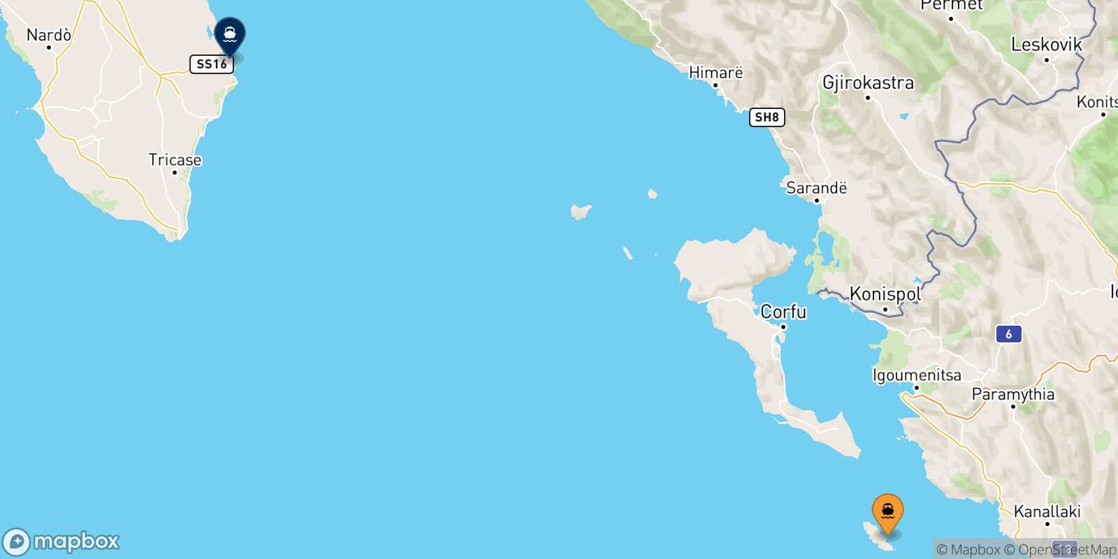 Mapa de la ruta Paxos Otranto