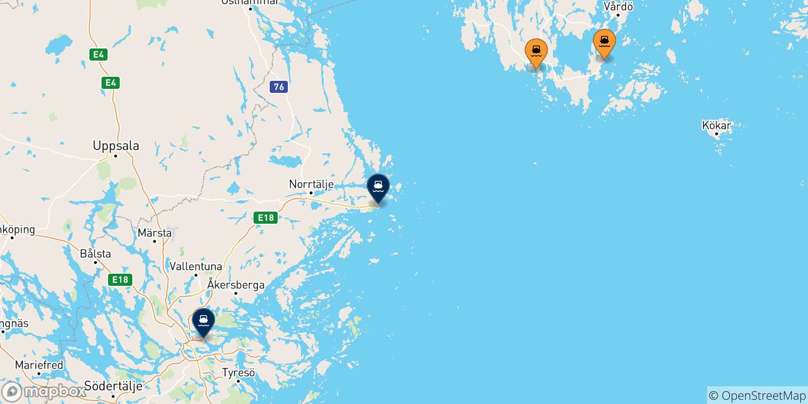 Mapa de las posibles rutas entre Islas Aland y  Suecia