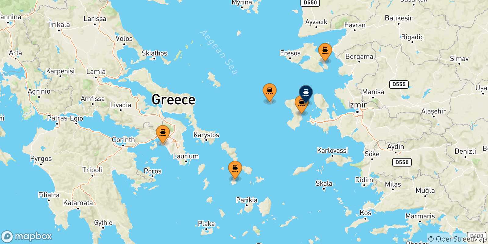 Mapa de las posibles rutas entre Grecia y  Inousses