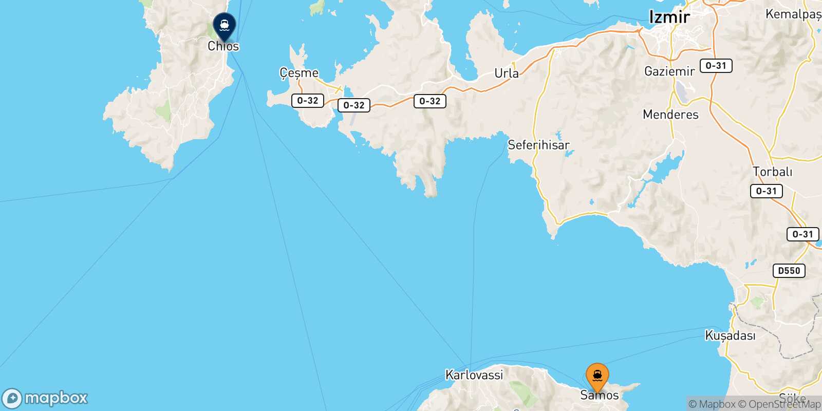 Mapa de la ruta Vathi (Samos) Quios