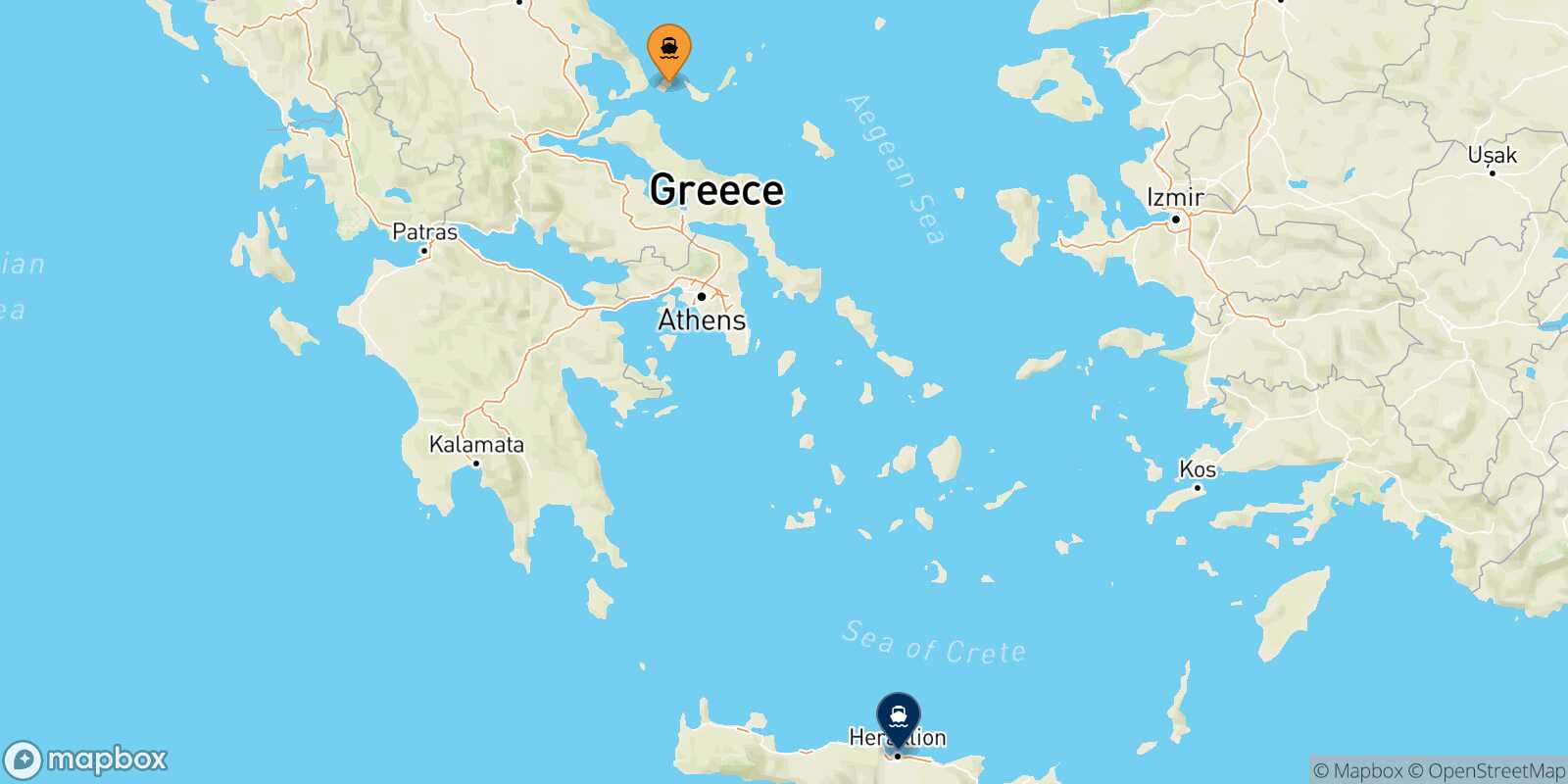 Mapa de los puertos conectados con  Heraklion