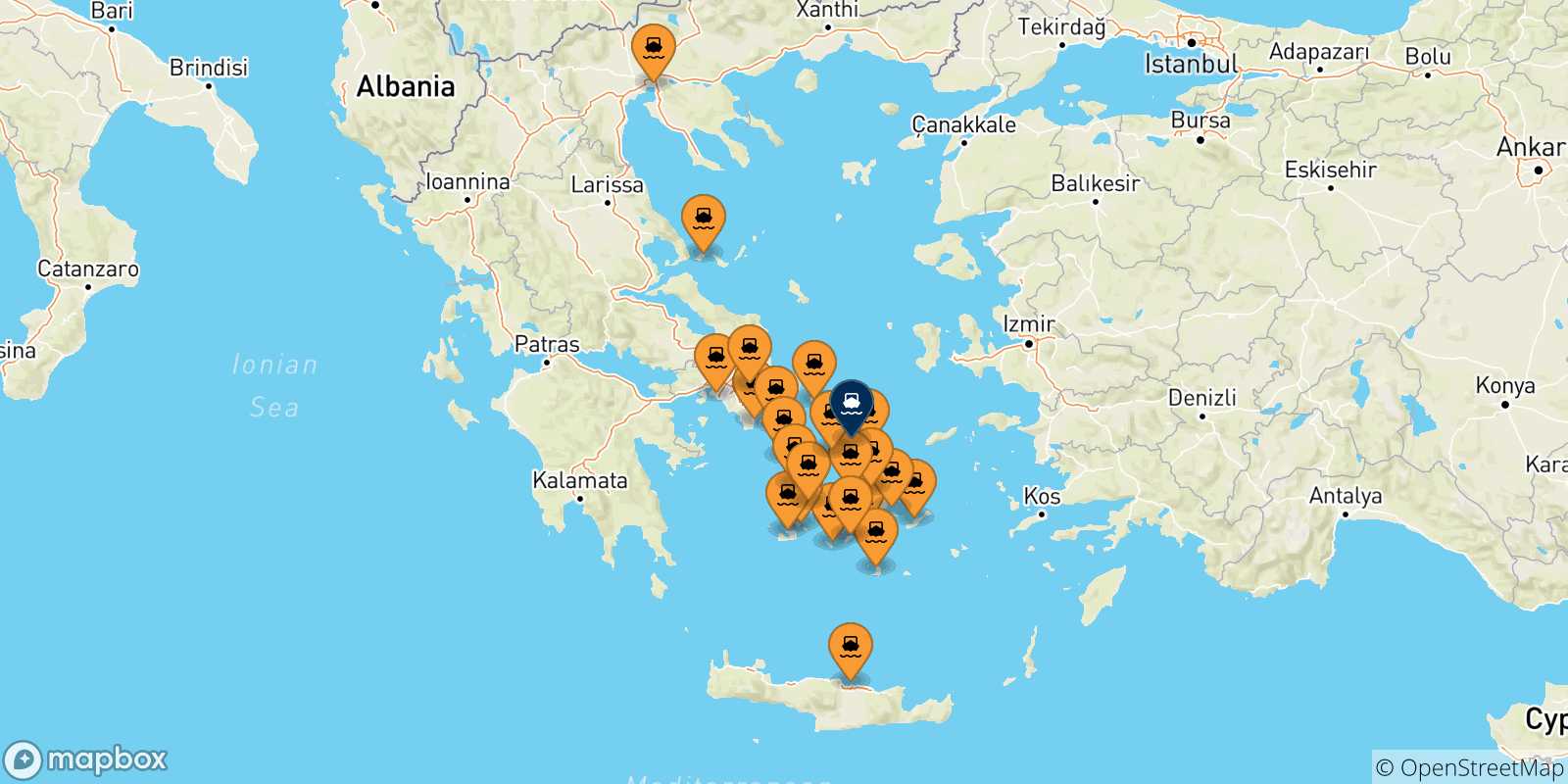 Mapa de las posibles rutas entre Grecia y  Tinos