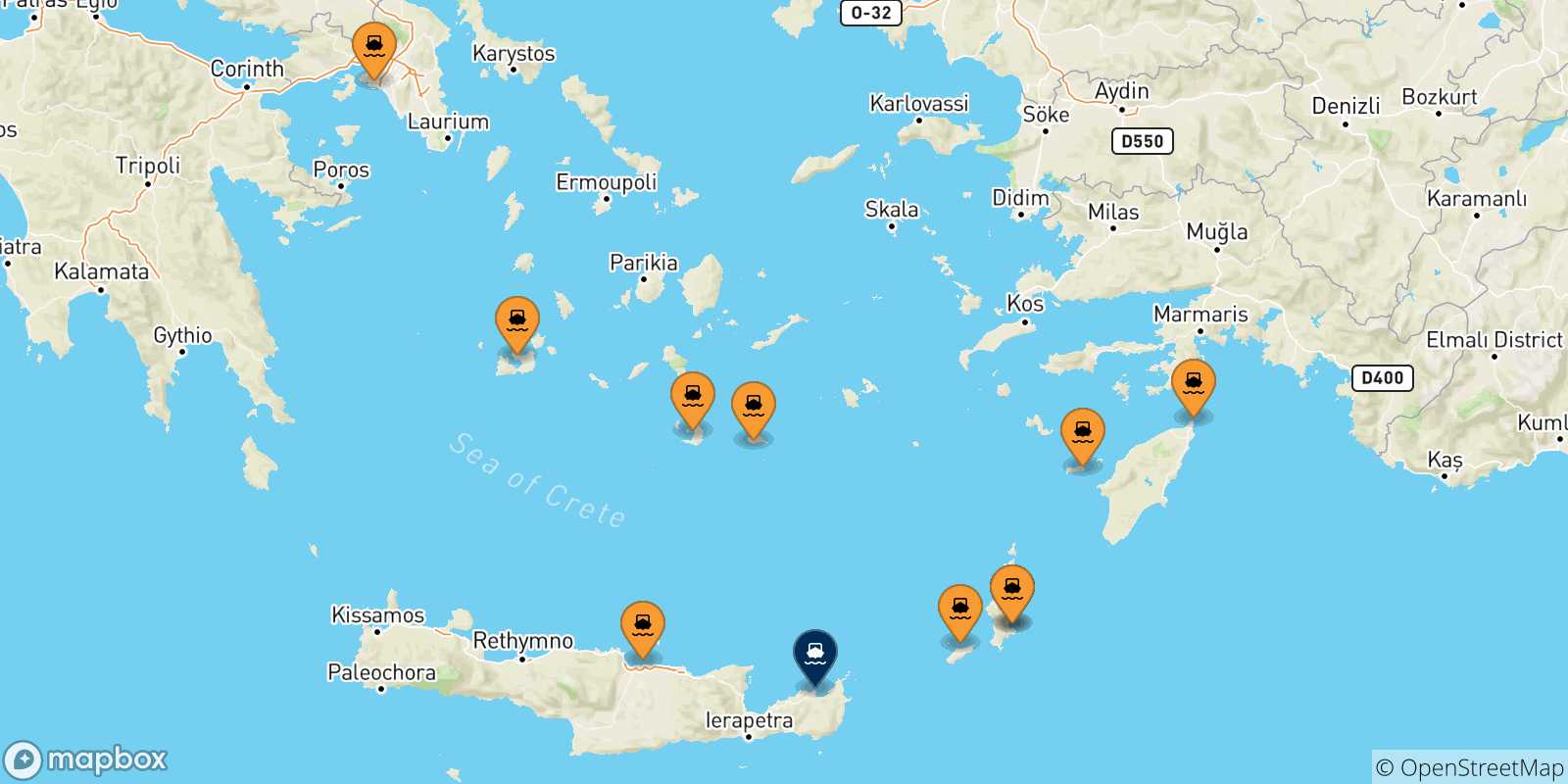 Mapa de las posibles rutas entre Grecia y  Sitia