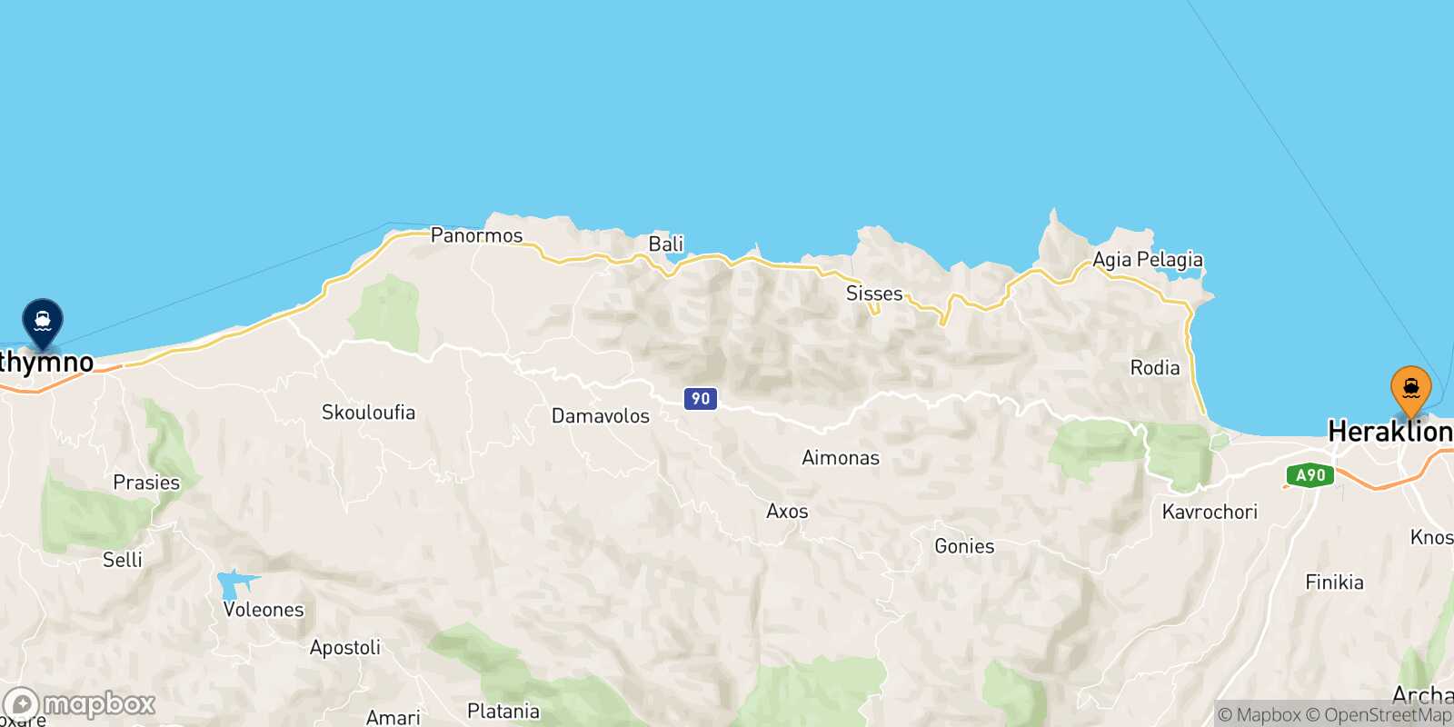 Mapa de la ruta Heraklion Rethimno