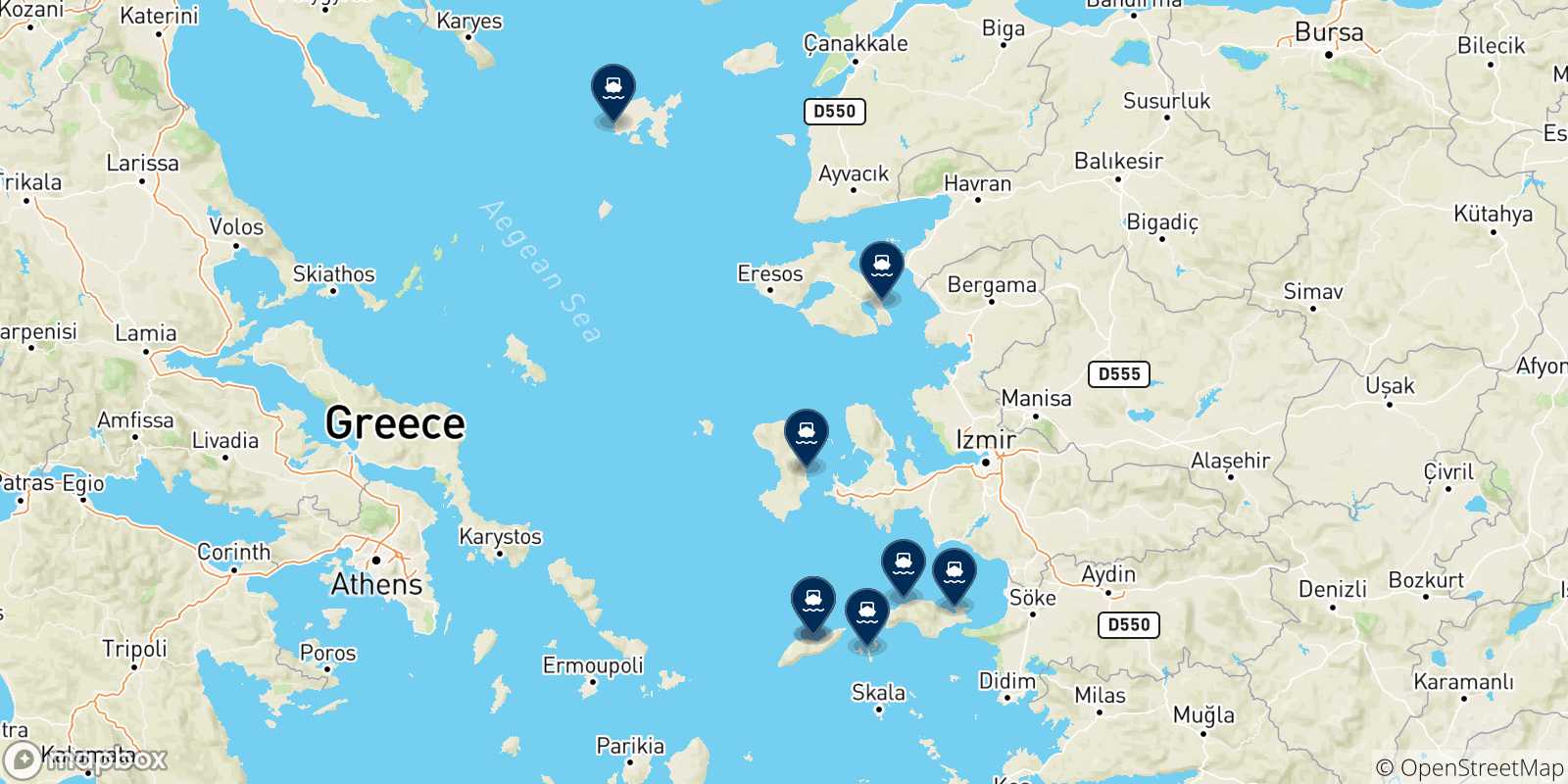 Mapa de las posibles rutas entre Evdilos (Ikaria) y  Islas Del Egeo