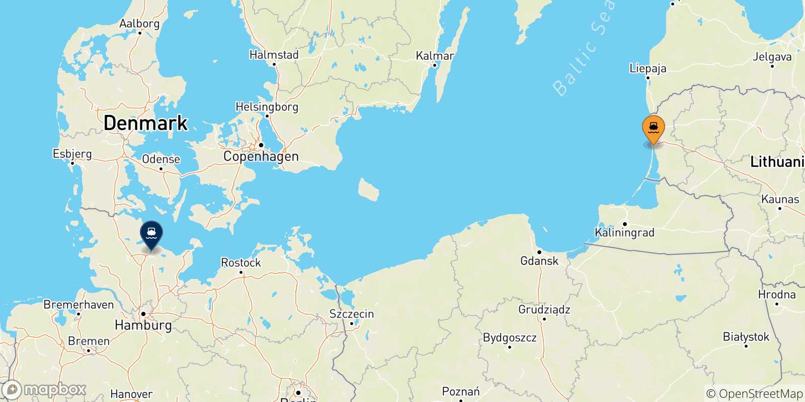 Mapa de las posibles rutas entre Lituania y  Alemania