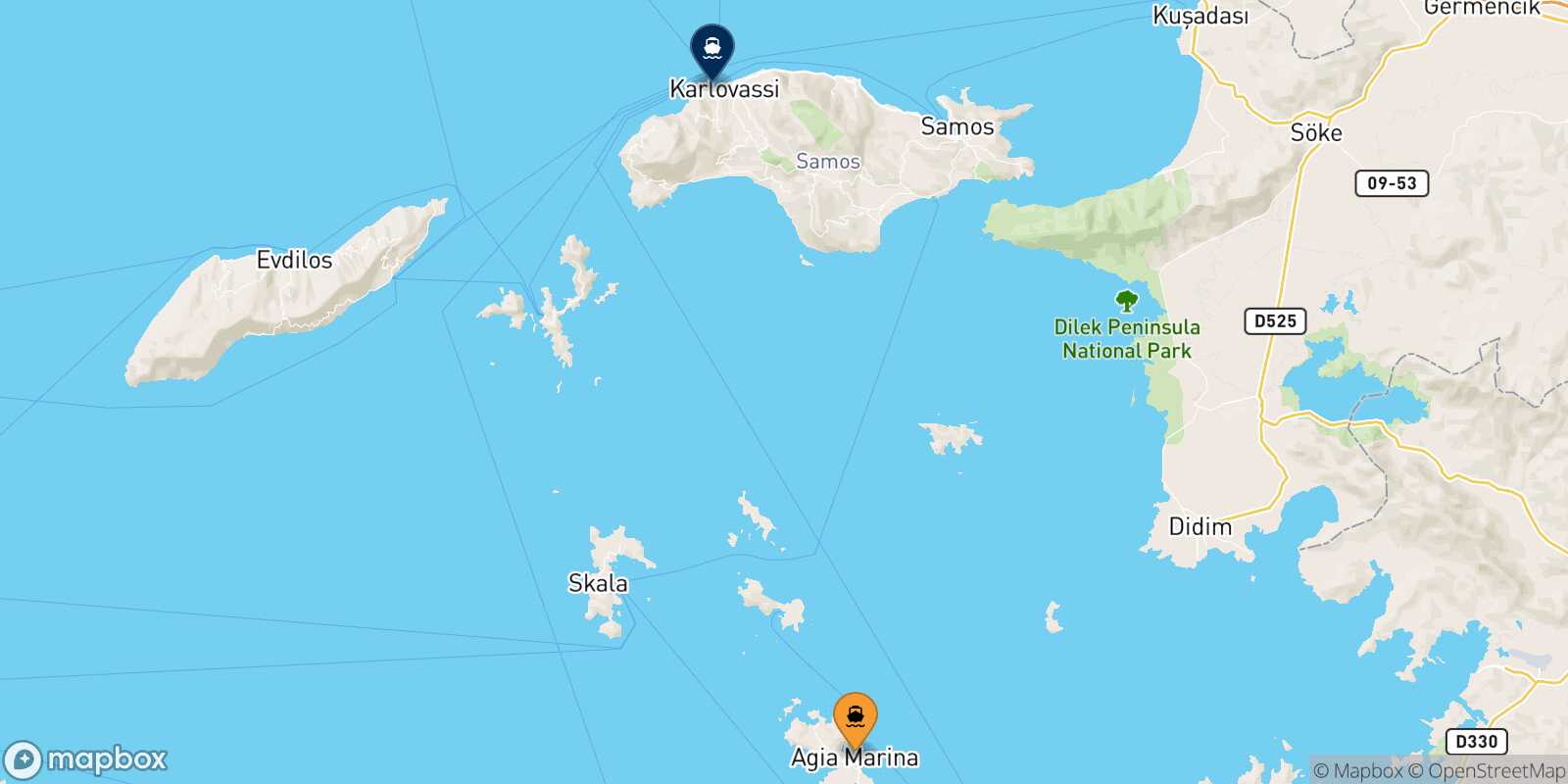 Mapa de la ruta Leros Pythagorio (Samos)
