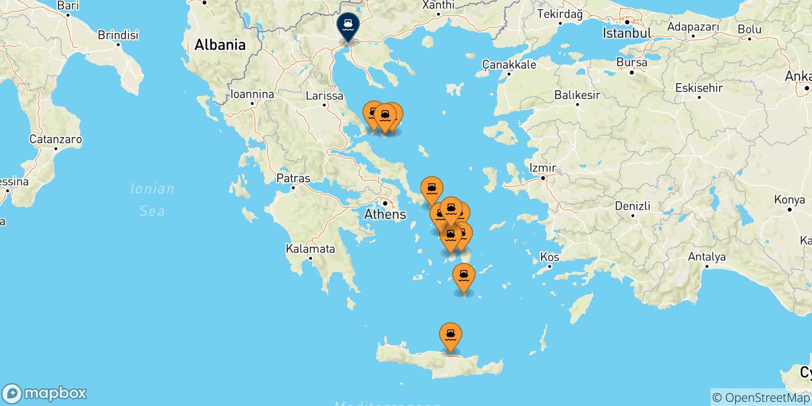 Mapa de las posibles rutas entre Grecia y  Salónica