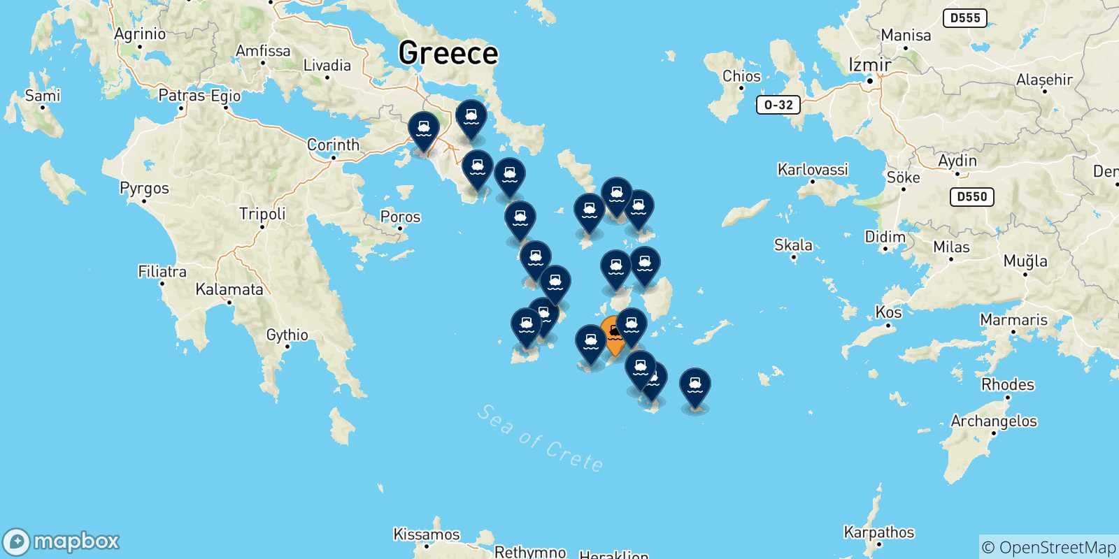 Mapa de las posibles rutas entre Sikinos y  Grecia