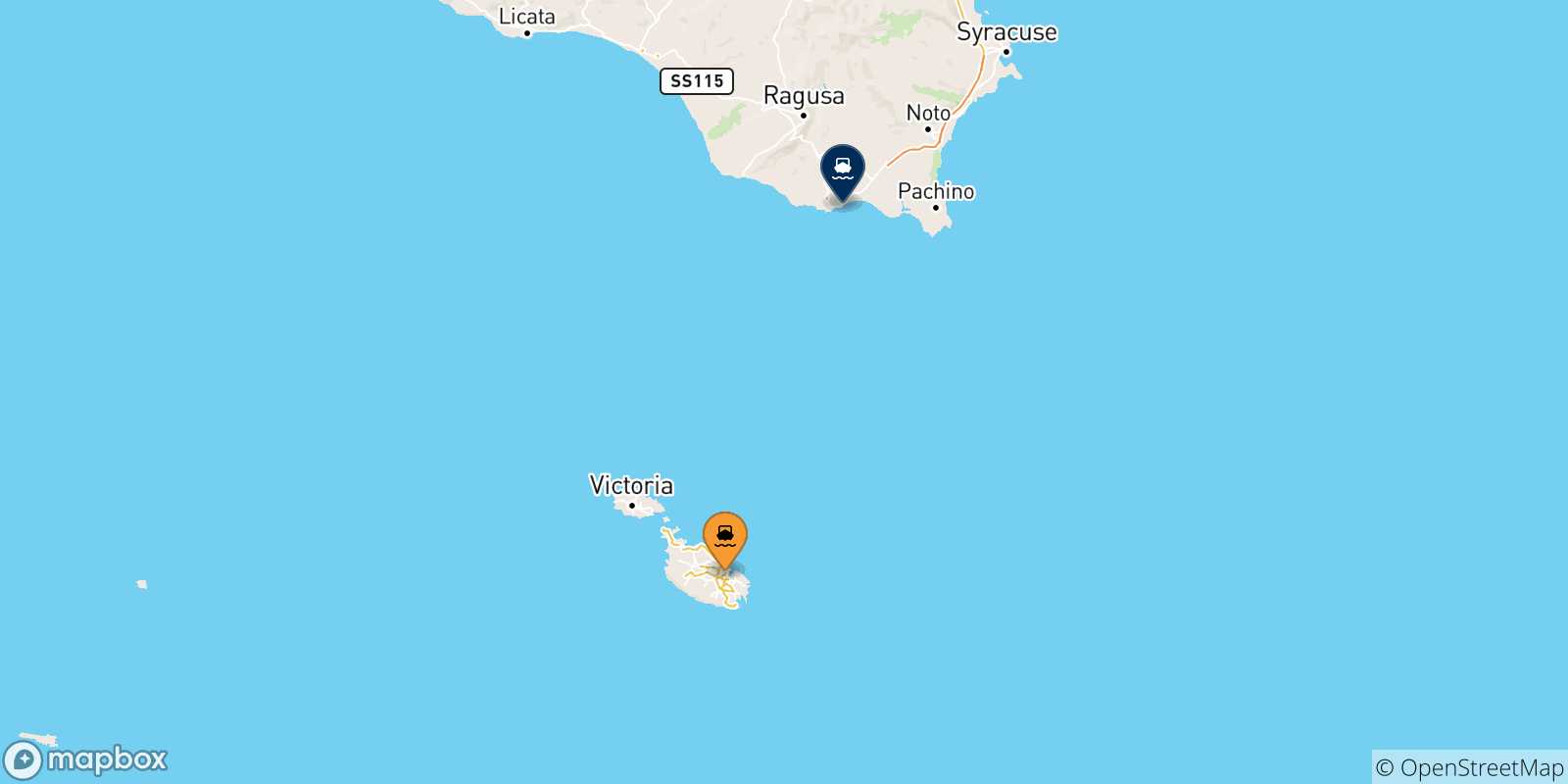 Mapa de las posibles rutas entre Malta y  Pozzallo
