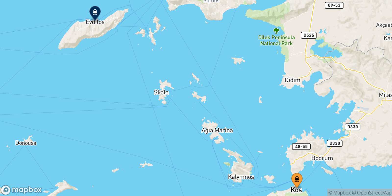 Mapa de la ruta Kos Evdilos (Ikaria)