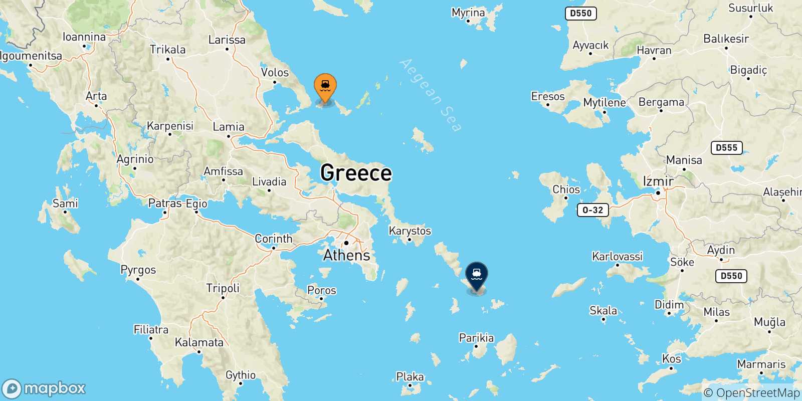 Mapa de las posibles rutas entre Islas Espóradas y  Tinos