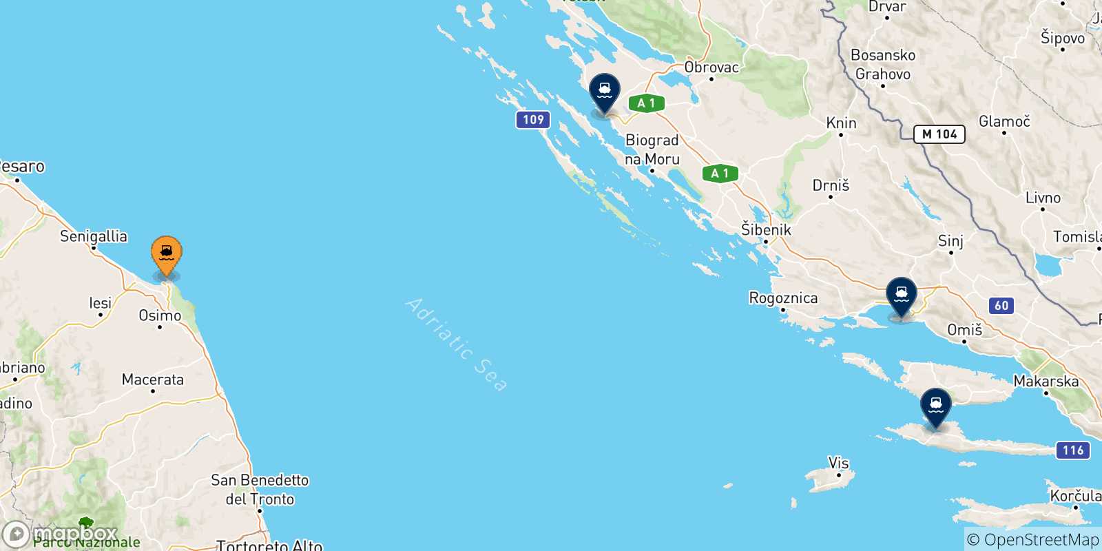 Mapa de las posibles rutas entre Ancona y  Croacia