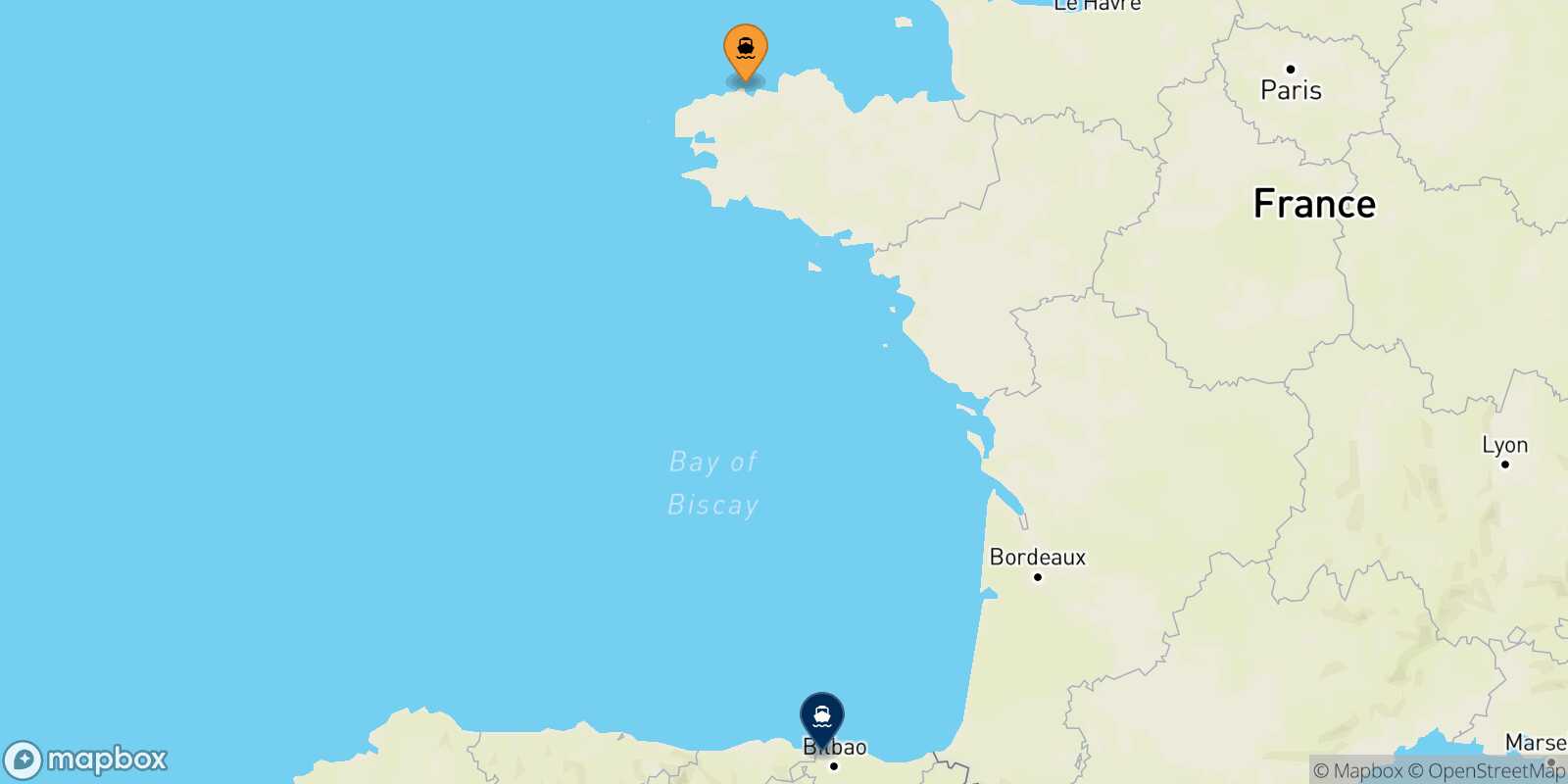 Mapa de la ruta Roscoff Bilbao