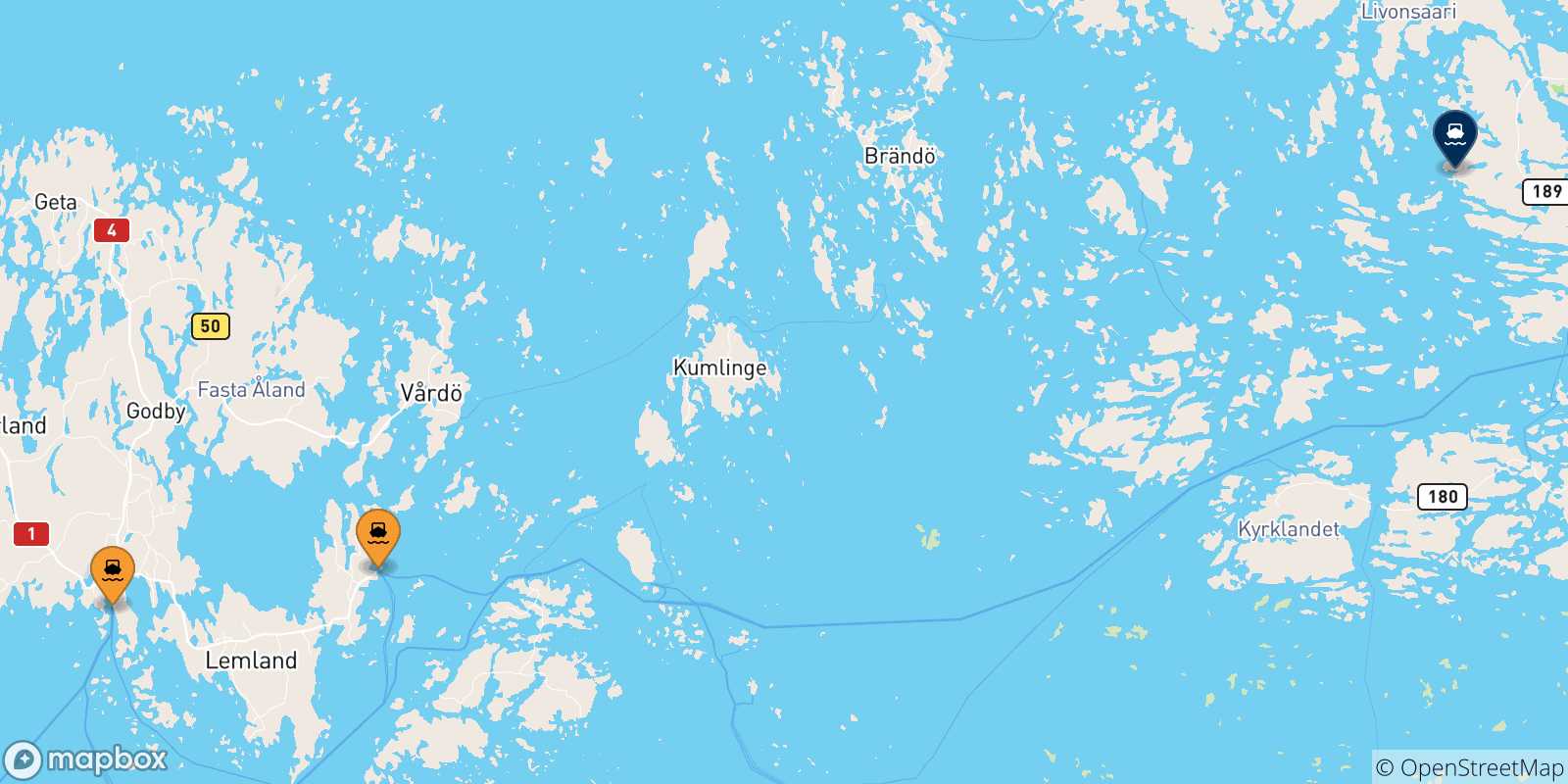 Mapa de las posibles rutas entre Finlandia y  Turku