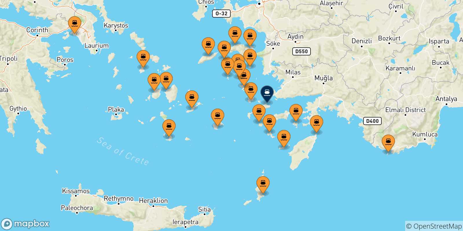 Mapa de las posibles rutas entre Grecia y  Kos