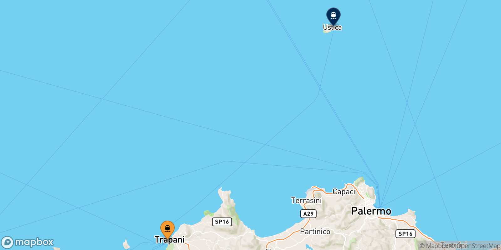 Mapa de los destinos alcanzables de Trapani