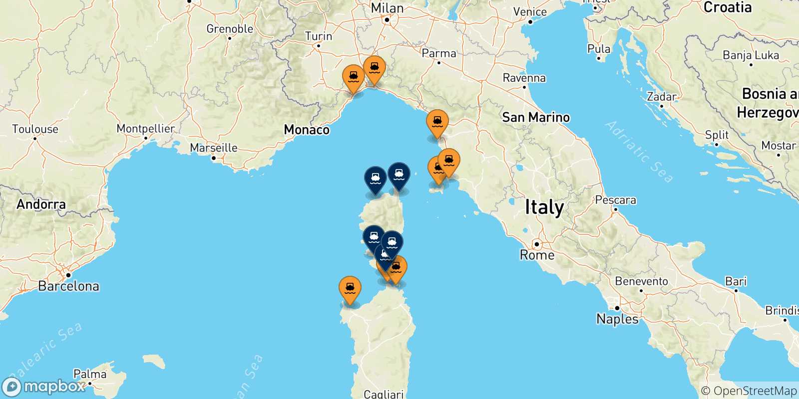 Mapa de las posibles rutas entre Italia y  Córcega