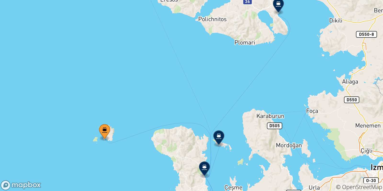 Mapa de las posibles rutas entre Psara y  Islas Del Egeo