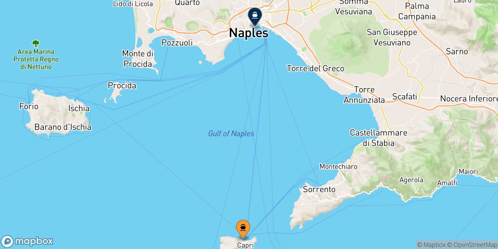 Mapa de la ruta Capri Nápoles Beverello