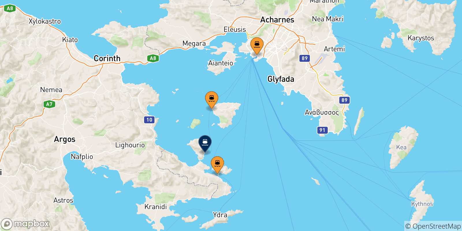 Mapa de las posibles rutas entre Grecia y  Methana