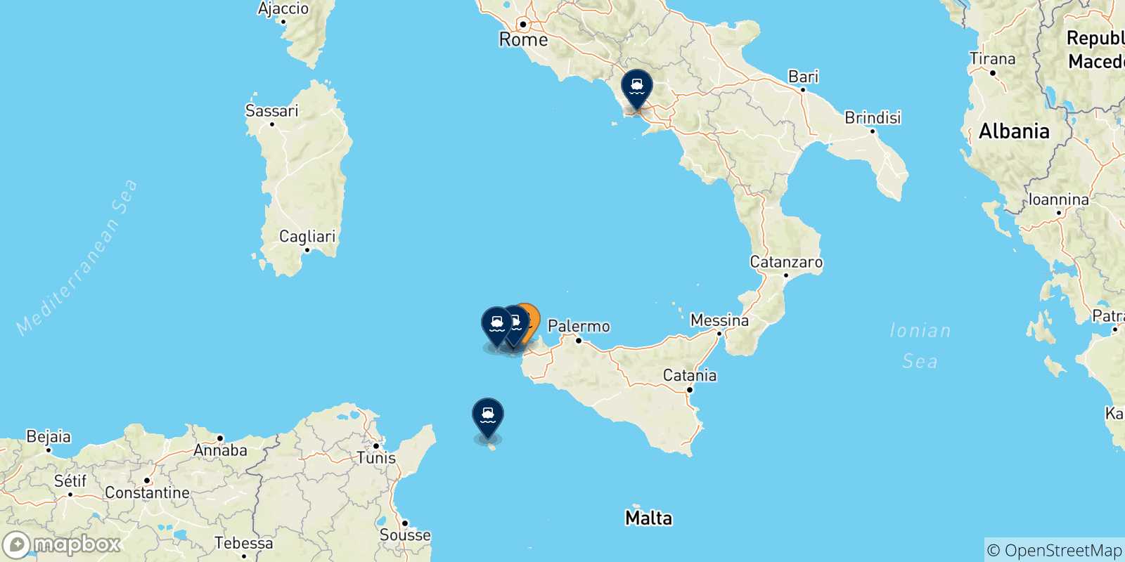 Mapa de las posibles rutas entre Trapani y  Italia