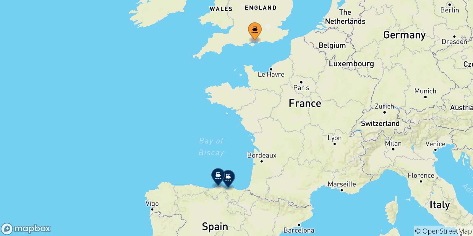 Mapa de las posibles rutas entre Portsmouth y  España