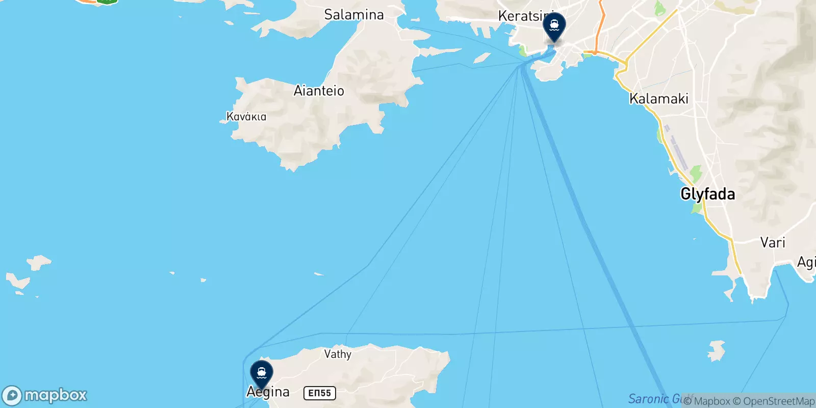 Mapa de los destinos Saronic Ferries