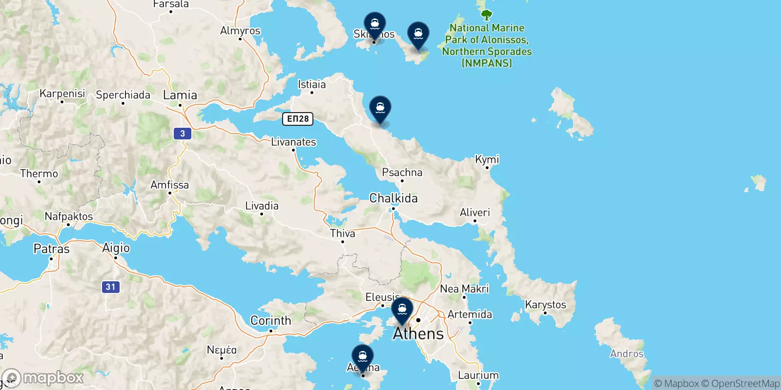Mapa de los destinos Saronikos Leve Ferries